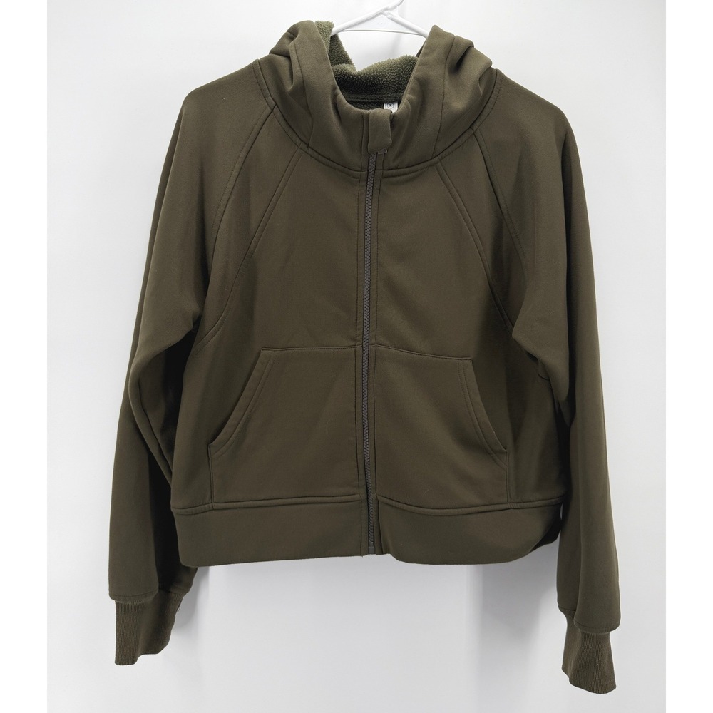 LASLULU Full Zip Hoodie Olive Green Fleece Crop Athleisure Thumbholes Women M